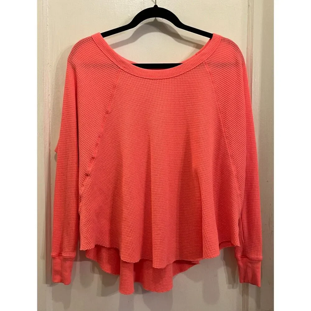 Free People WE THE FREE Pink Waffle Knit Scoop Neck Thermal Top  Women's Size XS